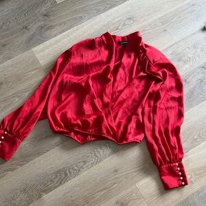 Express Vibrant Red satin Blouse with Buttoned Cuffs
